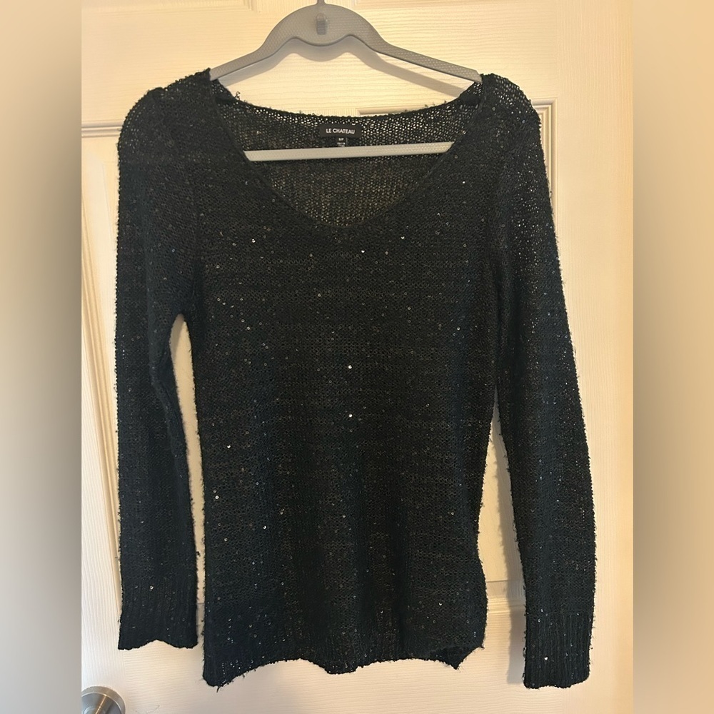 4/$20 Le chateau black sequins mesh special occasion party sweater- size S - Picture 3 of 8